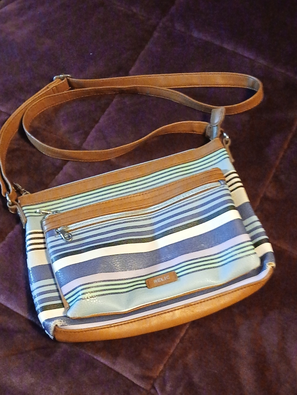 Relic Striped Crossbody Bag in Blue, Tan and Cream